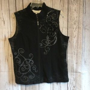 Vincente Milan New York Paris Black Sleeveless Vest with Silver Swirl Design L